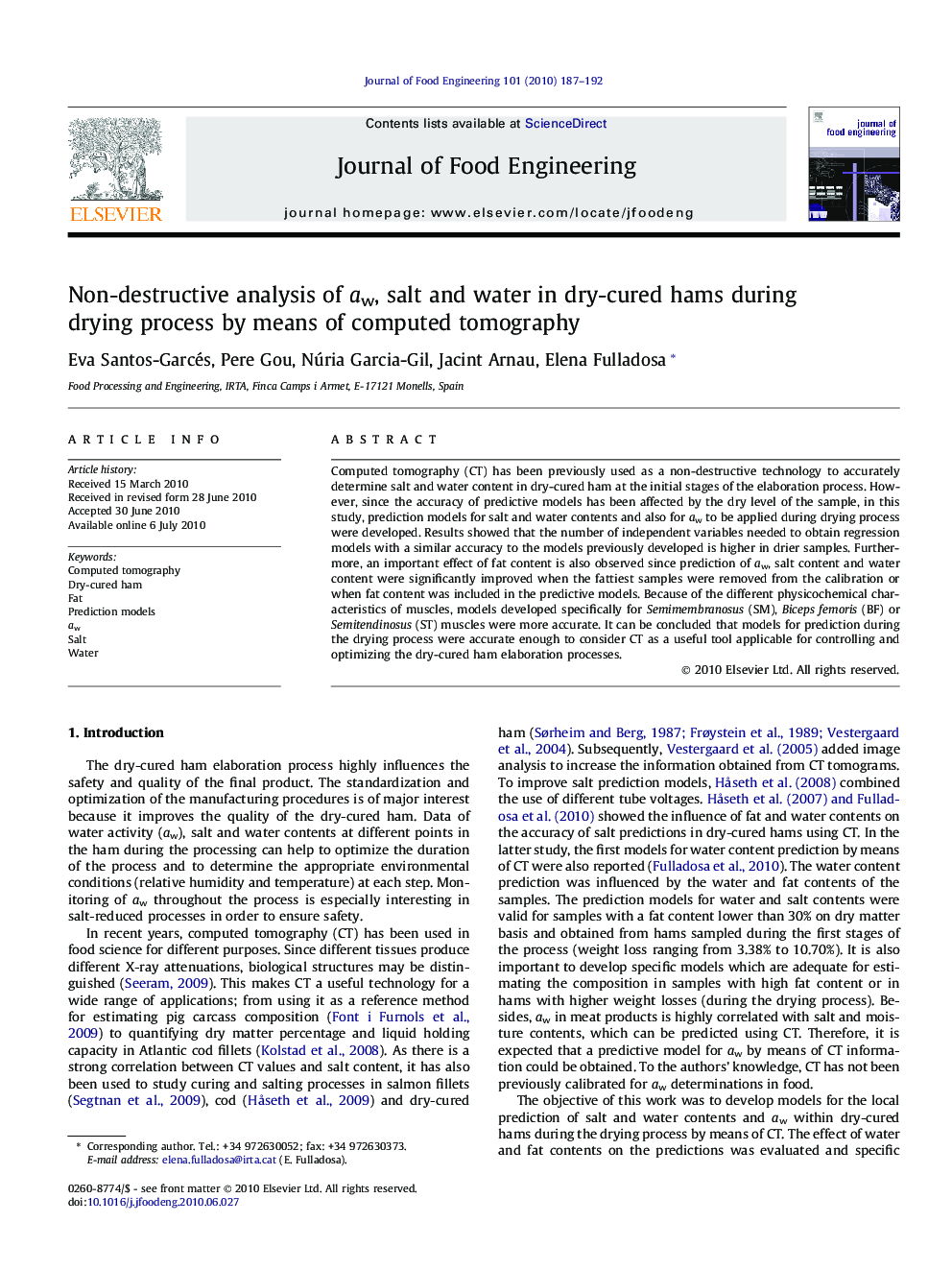 Non-destructive analysis of aw, salt and water in dry-cured hams during drying process by means of computed tomography