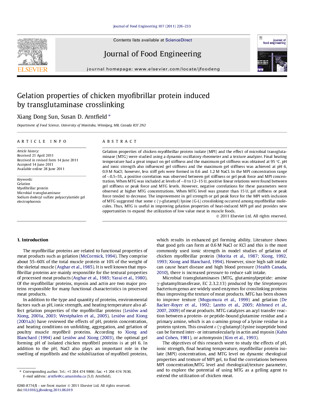 Gelation properties of chicken myofibrillar protein induced by transglutaminase crosslinking