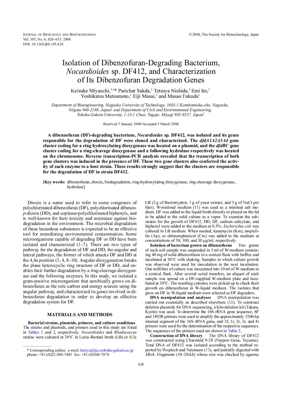 Isolation of dibenzofuran-degrading bacterium, Nocardioides sp. DF412, and characterization of its dibenzofuran degradation genes