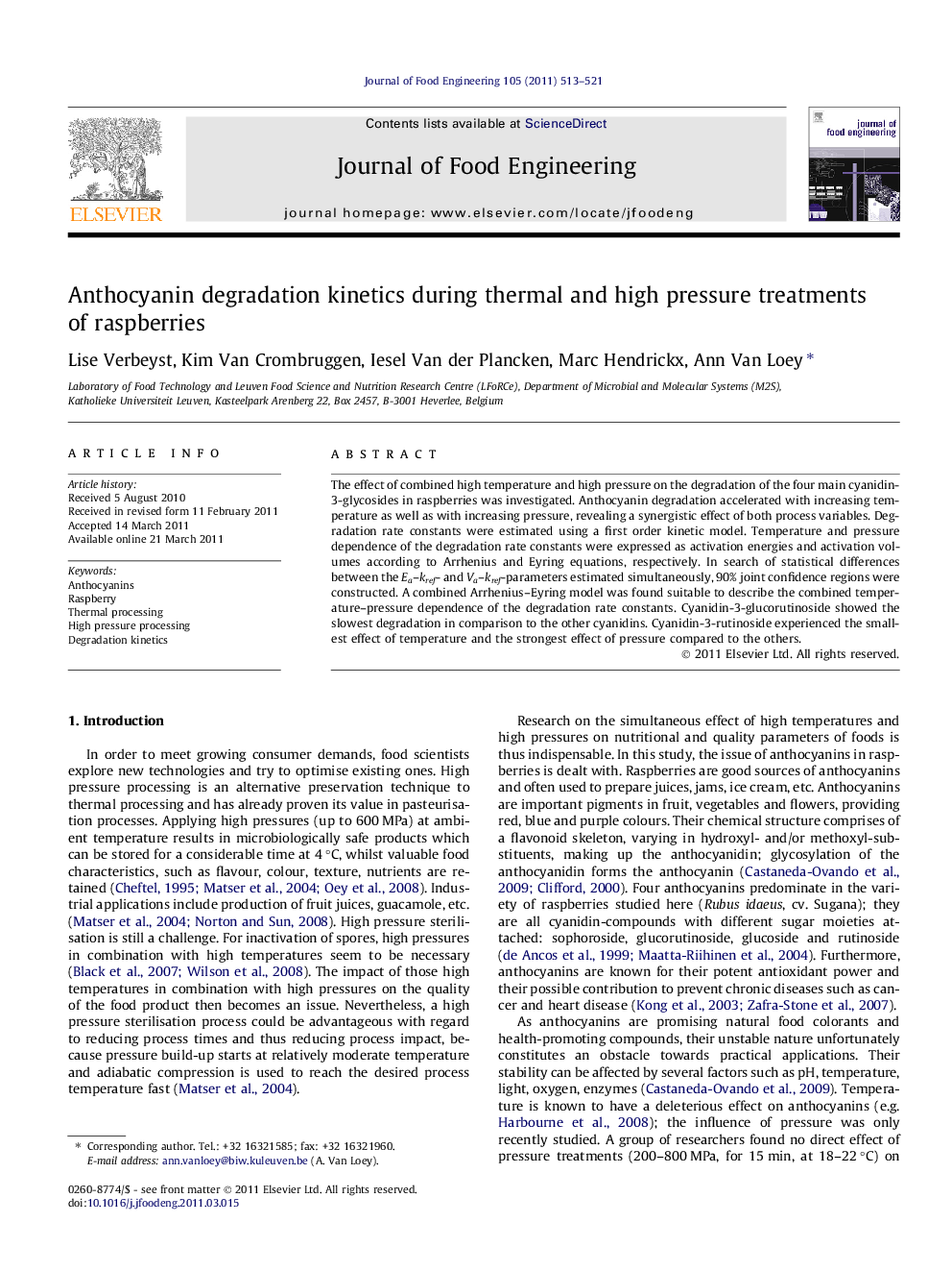 عکس صفحه اول مقاله: Anthocyanin degradation kinetics during thermal and high pressure treatments of raspberries Anthocyanin degradation kinetics during thermal and high pressure treatments of raspberries