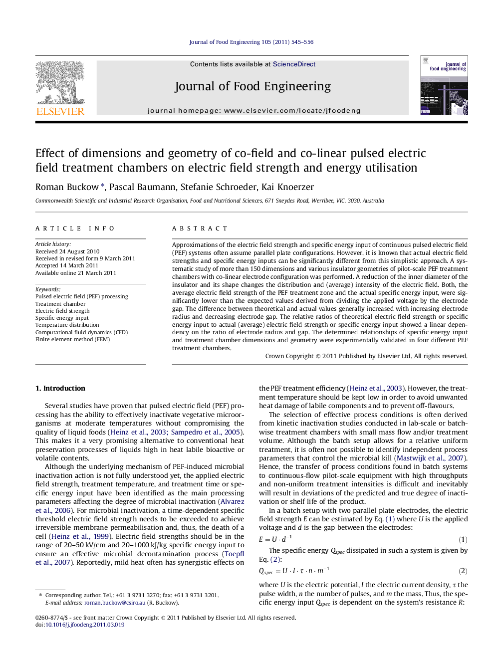 Effect of dimensions and geometry of co-field and co-linear pulsed electric field treatment chambers on electric field strength and energy utilisation