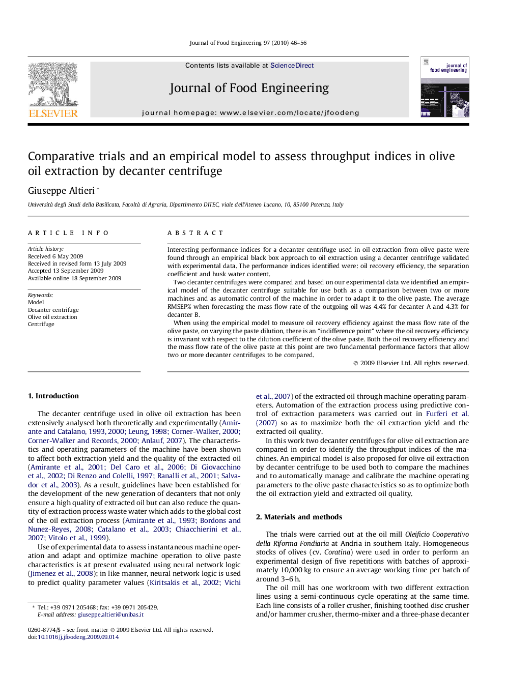 Comparative trials and an empirical model to assess throughput indices in olive oil extraction by decanter centrifuge