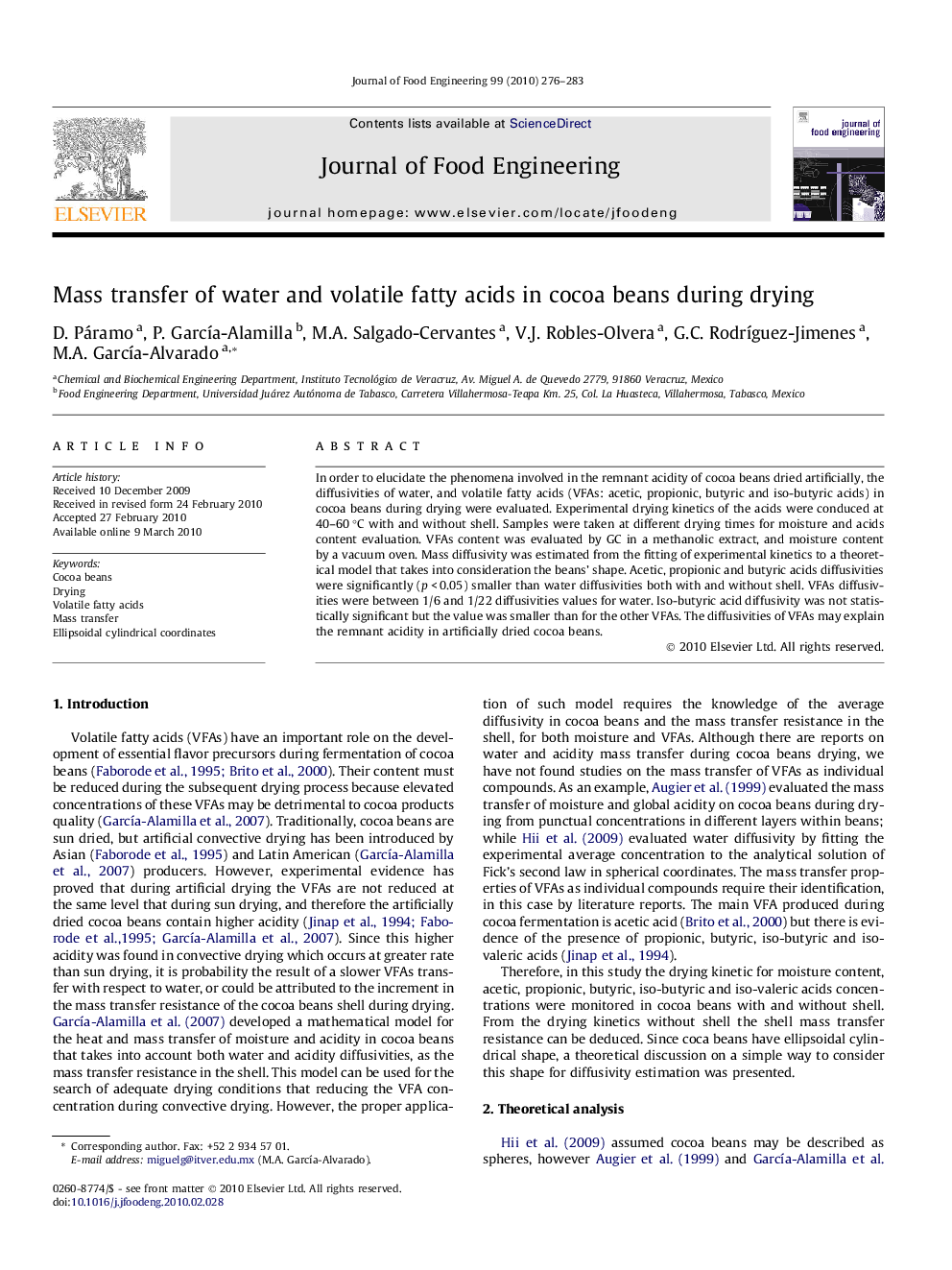 Mass transfer of water and volatile fatty acids in cocoa beans during drying