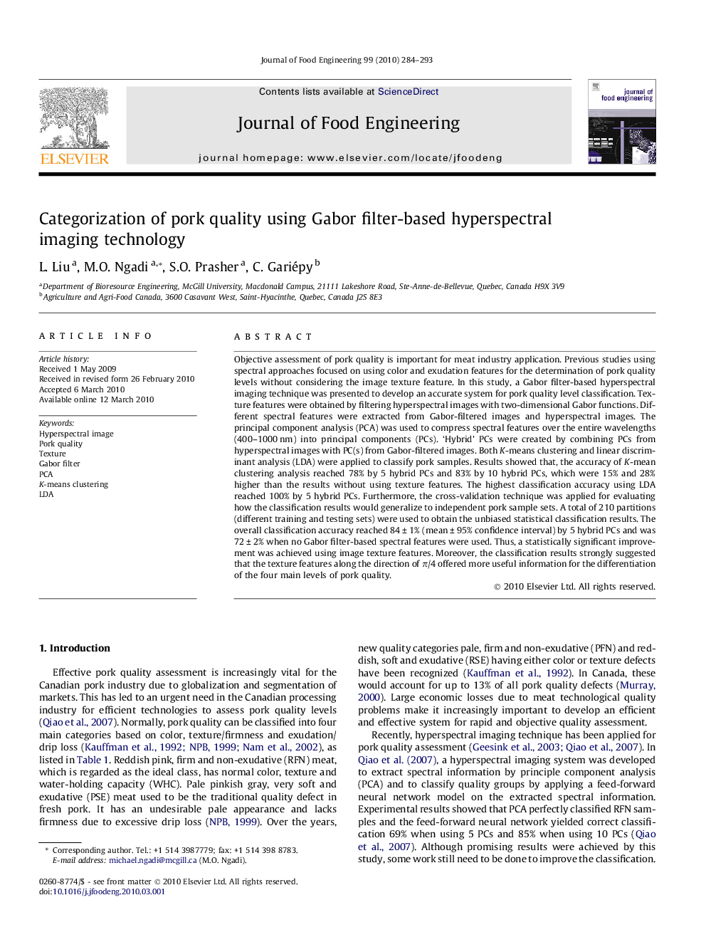 Categorization of pork quality using Gabor filter-based hyperspectral imaging technology