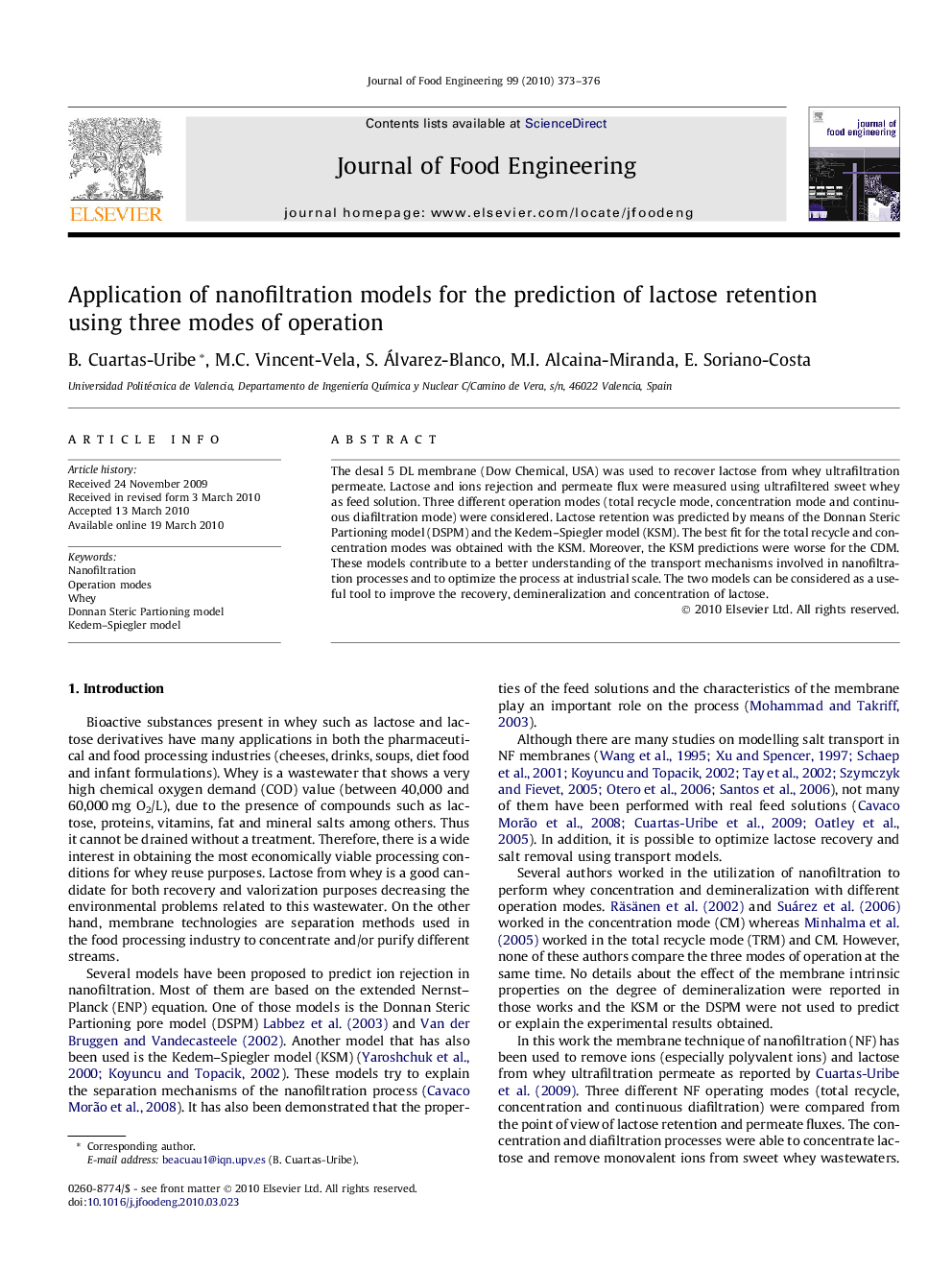 Application of nanofiltration models for the prediction of lactose retention using three modes of operation