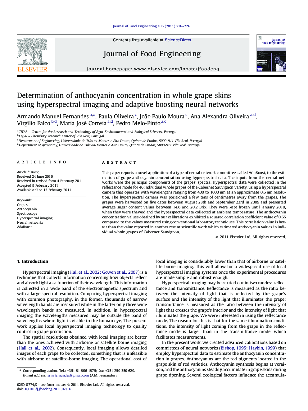 Determination of anthocyanin concentration in whole grape skins using hyperspectral imaging and adaptive boosting neural networks