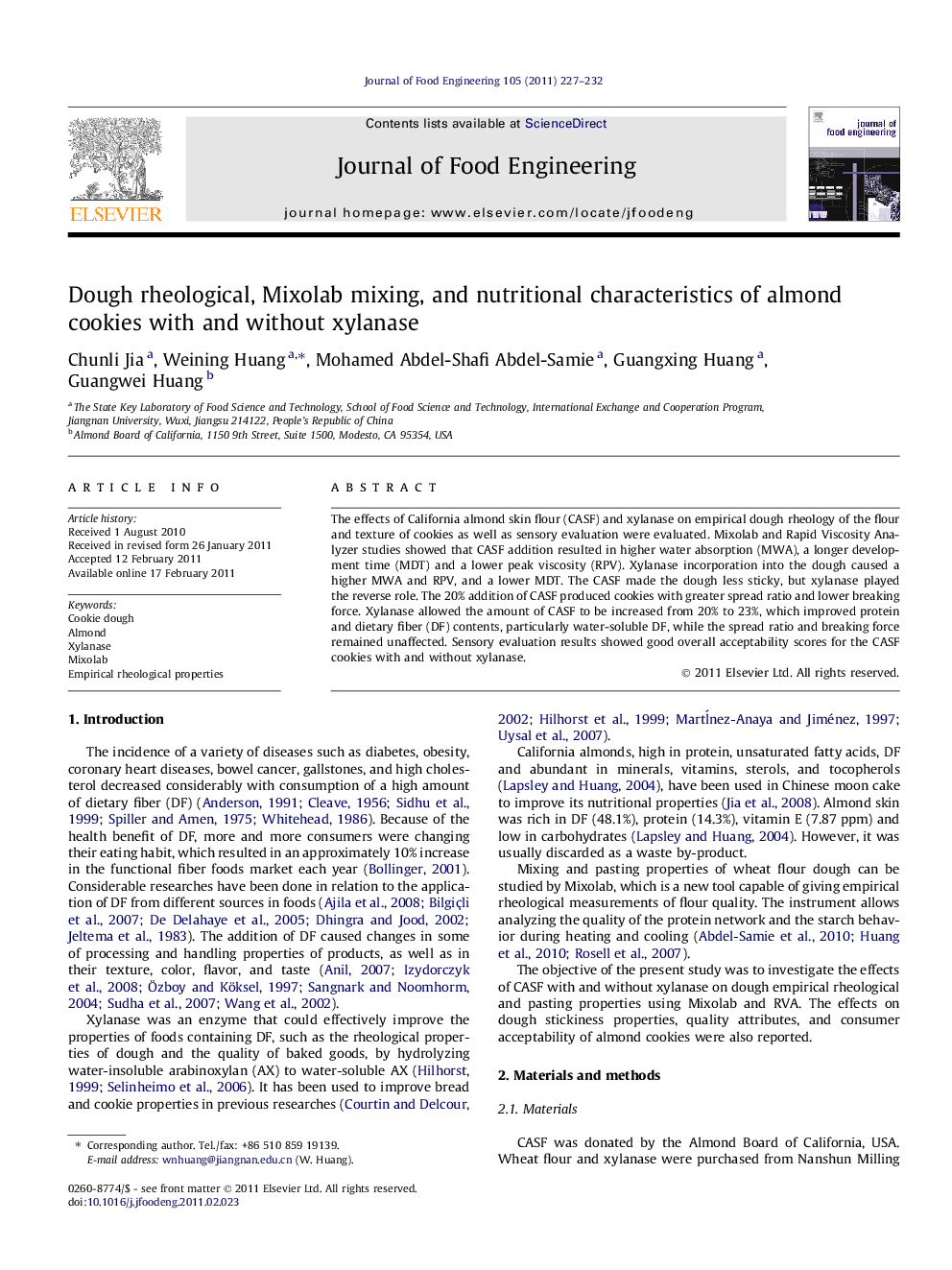 Dough rheological, Mixolab mixing, and nutritional characteristics of almond cookies with and without xylanase