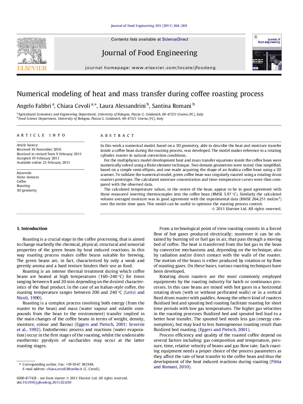 Numerical modeling of heat and mass transfer during coffee roasting process