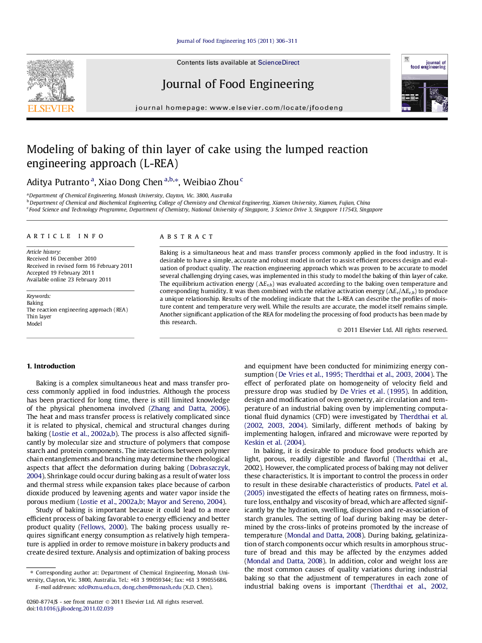 Modeling of baking of thin layer of cake using the lumped reaction engineering approach (L-REA)