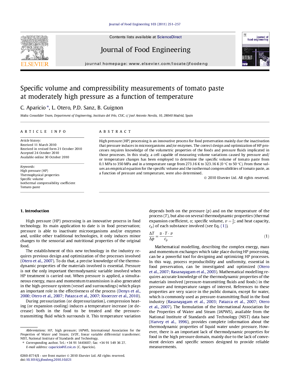 Specific volume and compressibility measurements of tomato paste at moderately high pressure as a function of temperature