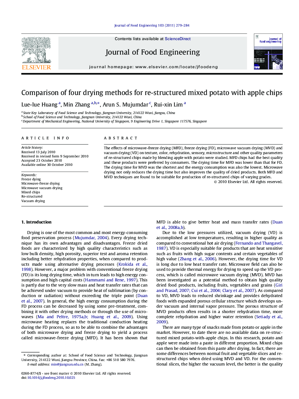 Comparison of four drying methods for re-structured mixed potato with apple chips