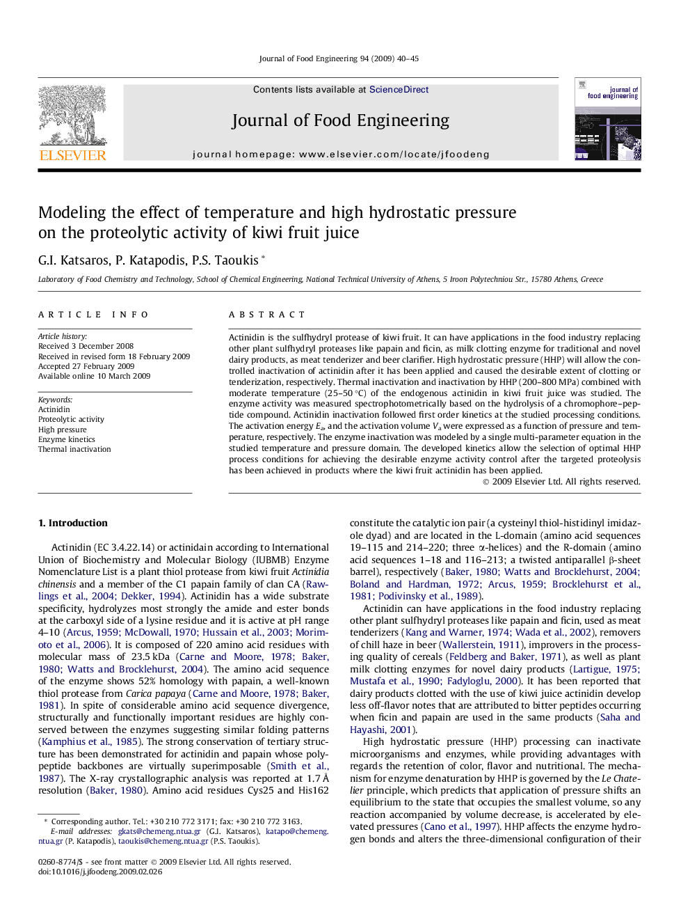 Modeling the effect of temperature and high hydrostatic pressure on the proteolytic activity of kiwi fruit juice