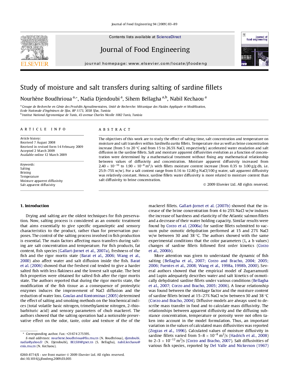 Study of moisture and salt transfers during salting of sardine fillets