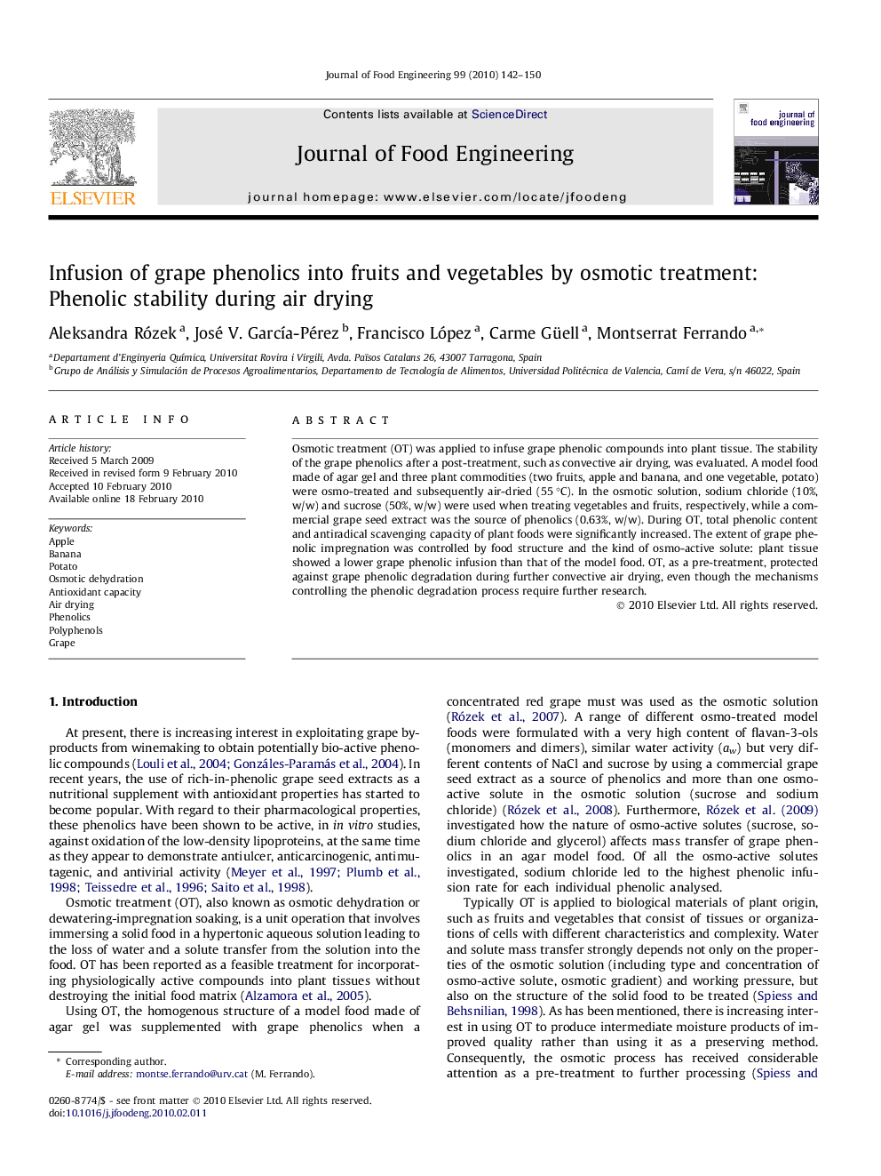 Infusion of grape phenolics into fruits and vegetables by osmotic treatment: Phenolic stability during air drying