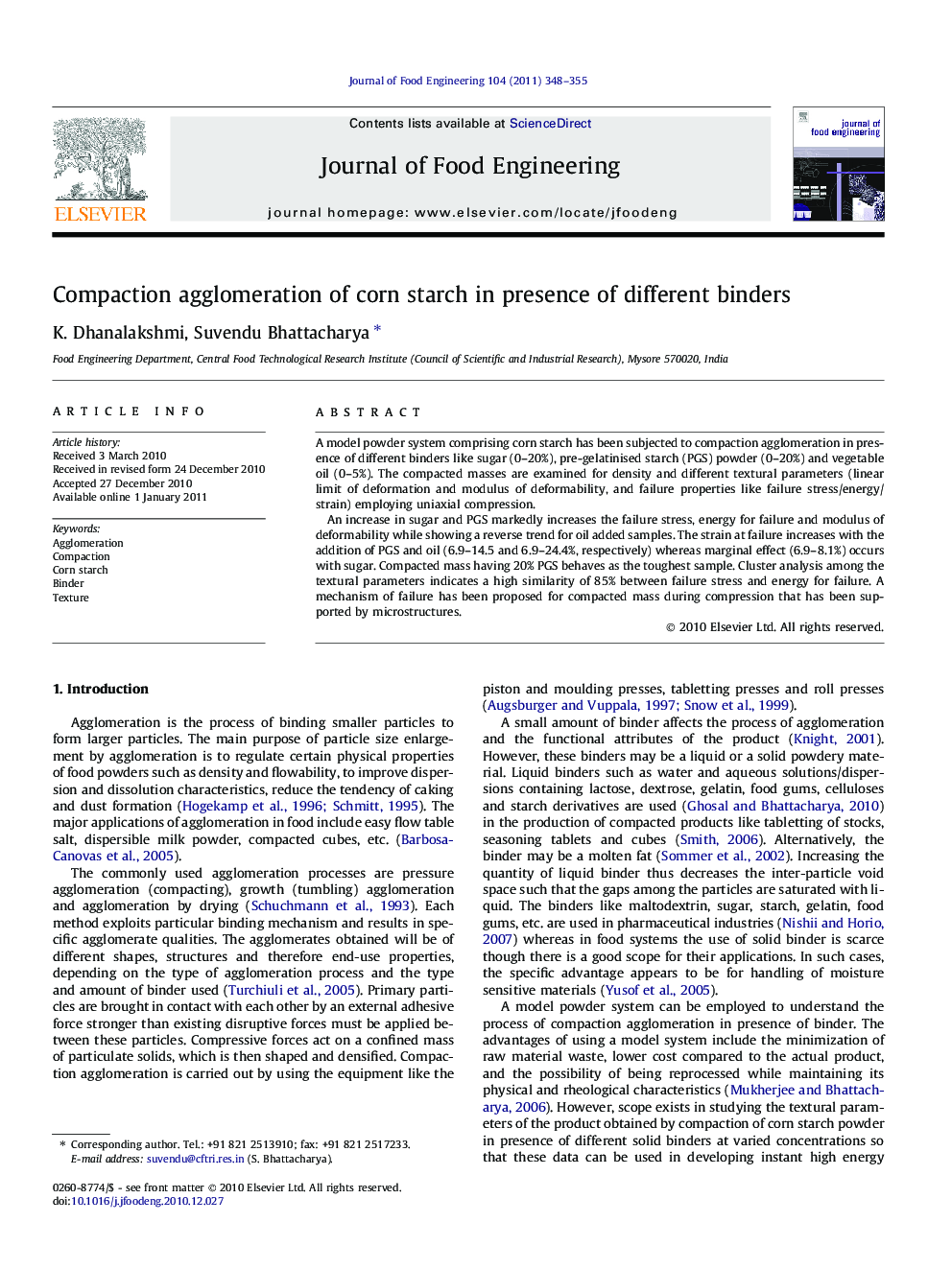 Compaction agglomeration of corn starch in presence of different binders