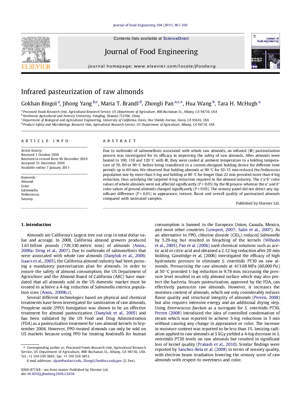 Infrared pasteurization of raw almonds