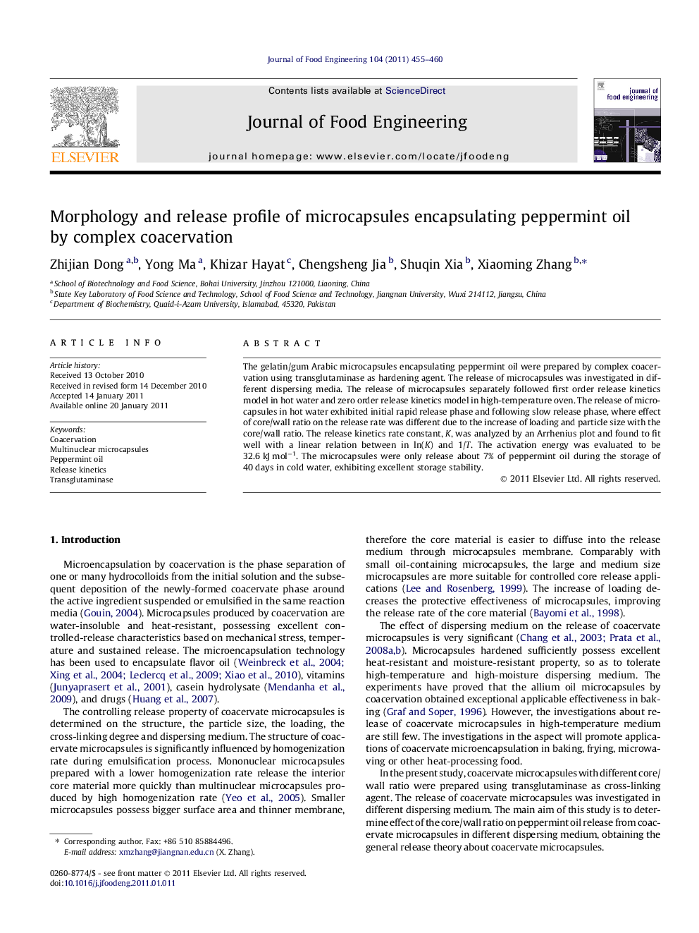 Morphology and release profile of microcapsules encapsulating peppermint oil by complex coacervation