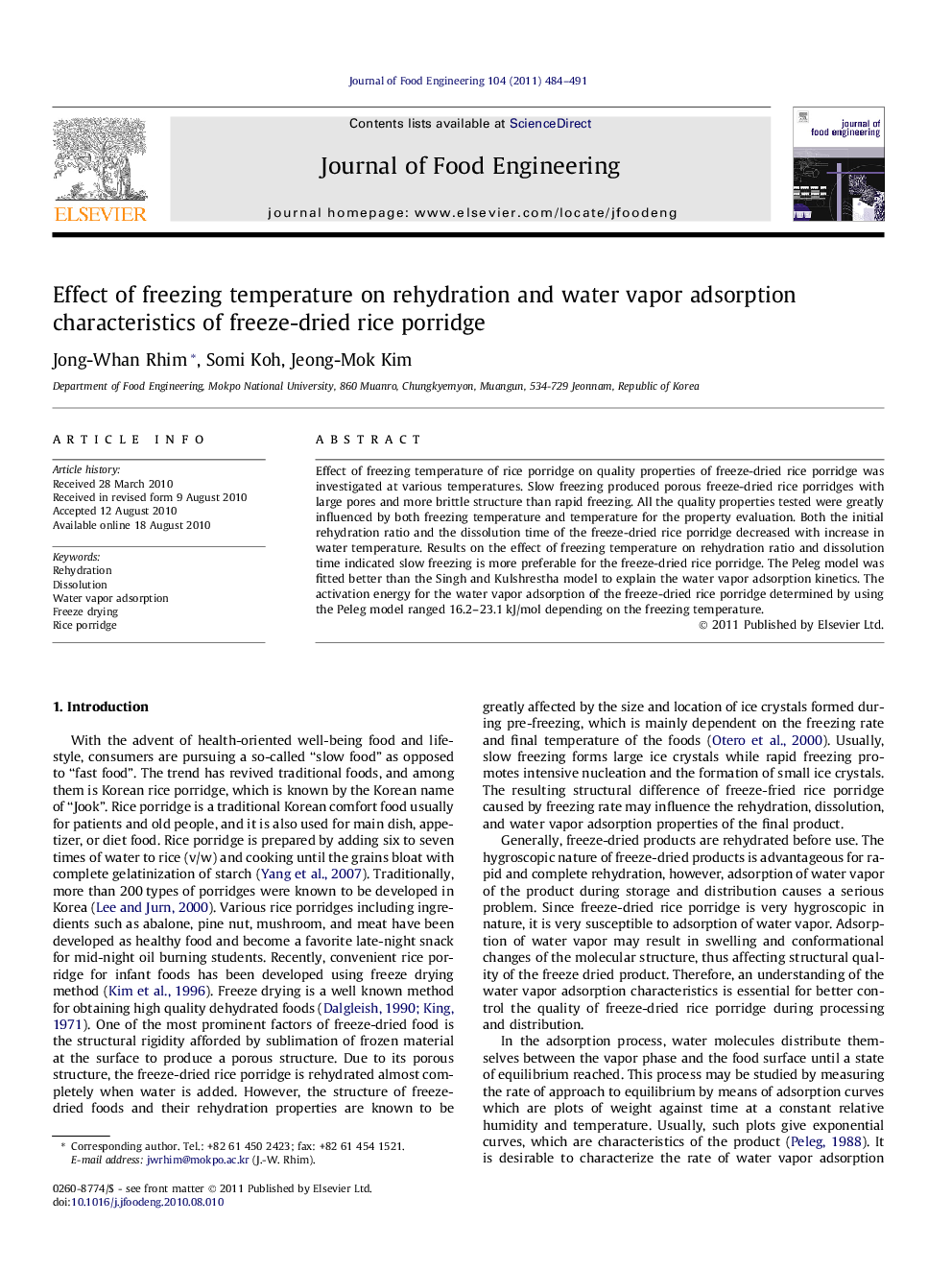 Effect of freezing temperature on rehydration and water vapor adsorption characteristics of freeze-dried rice porridge