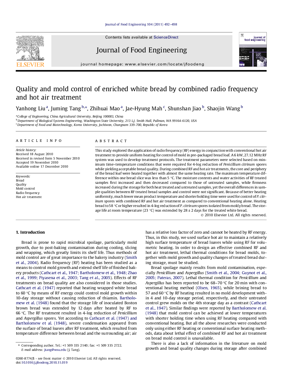 Quality and mold control of enriched white bread by combined radio frequency and hot air treatment