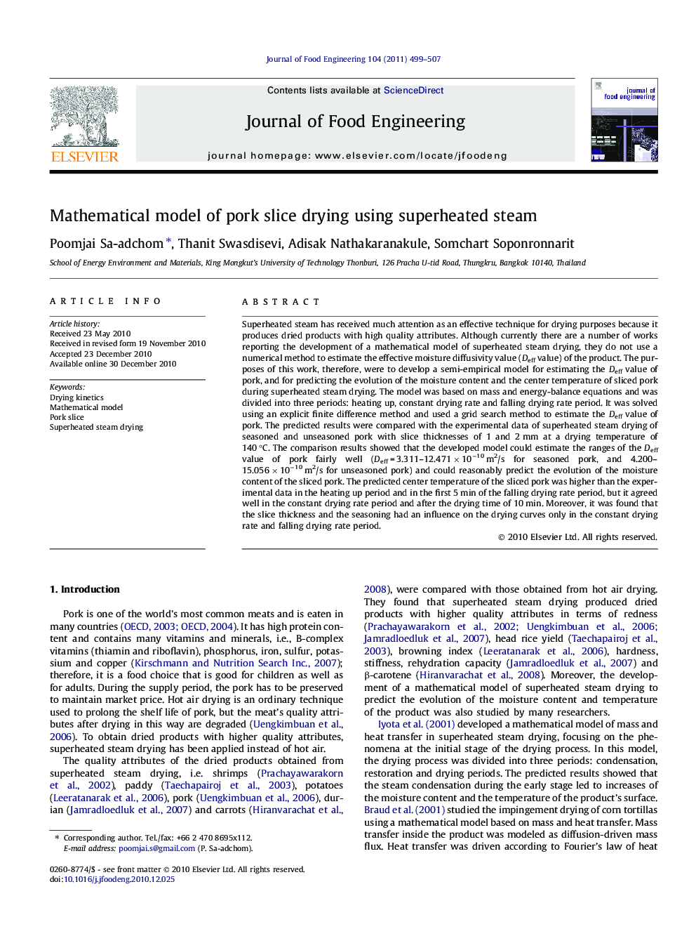 Mathematical model of pork slice drying using superheated steam