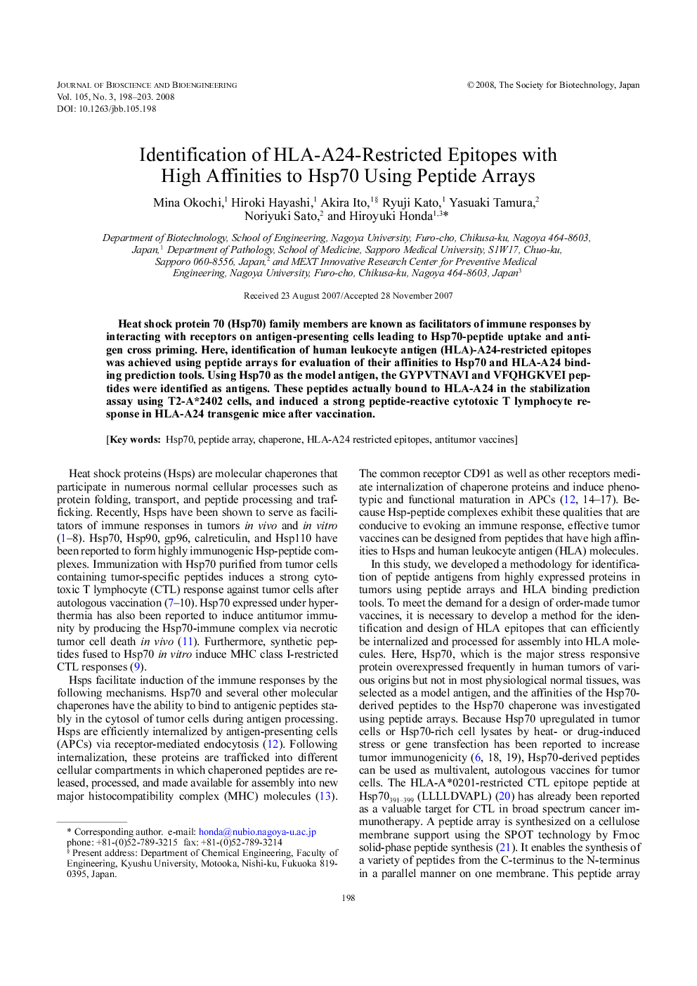 Identification of HLA-A24-restricted epitopes with high affinities to Hsp70 using peptide arrays