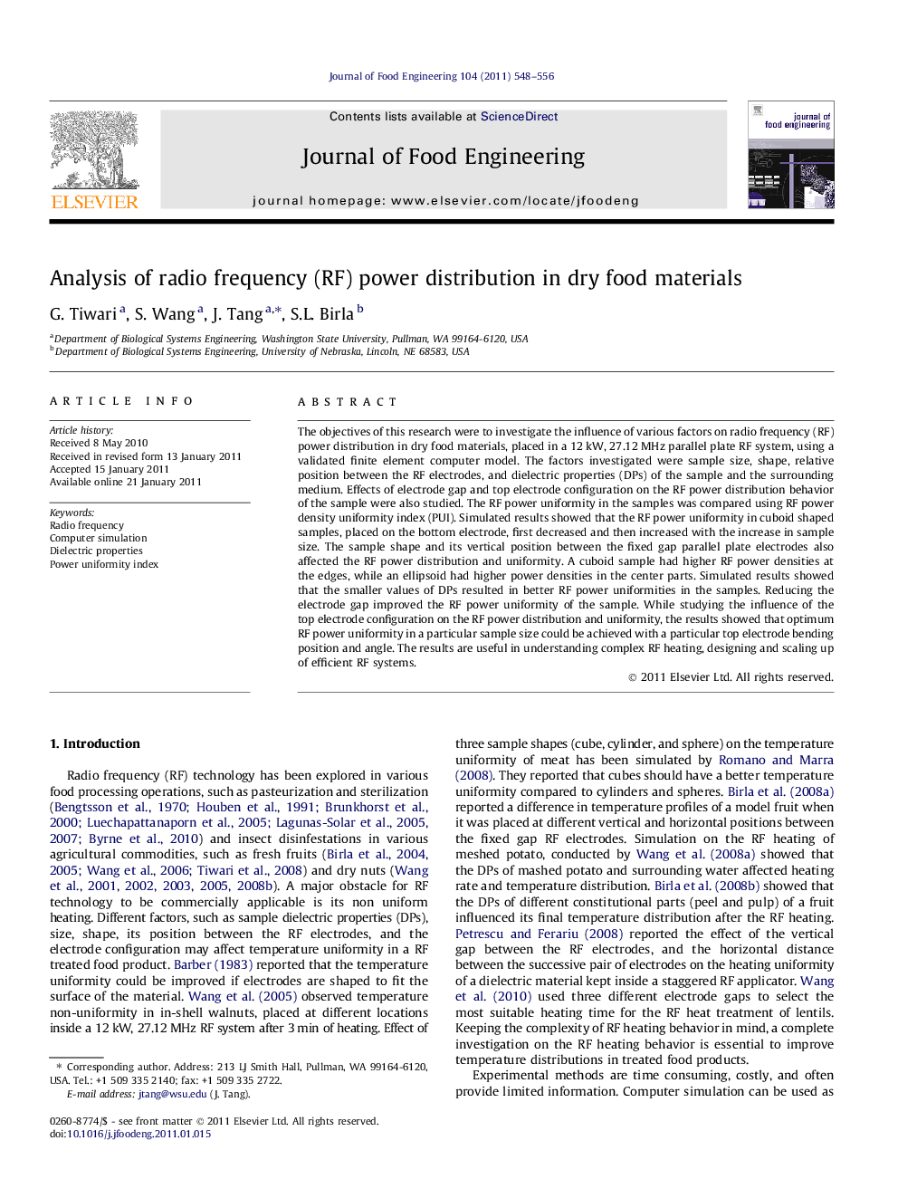 Analysis of radio frequency (RF) power distribution in dry food materials