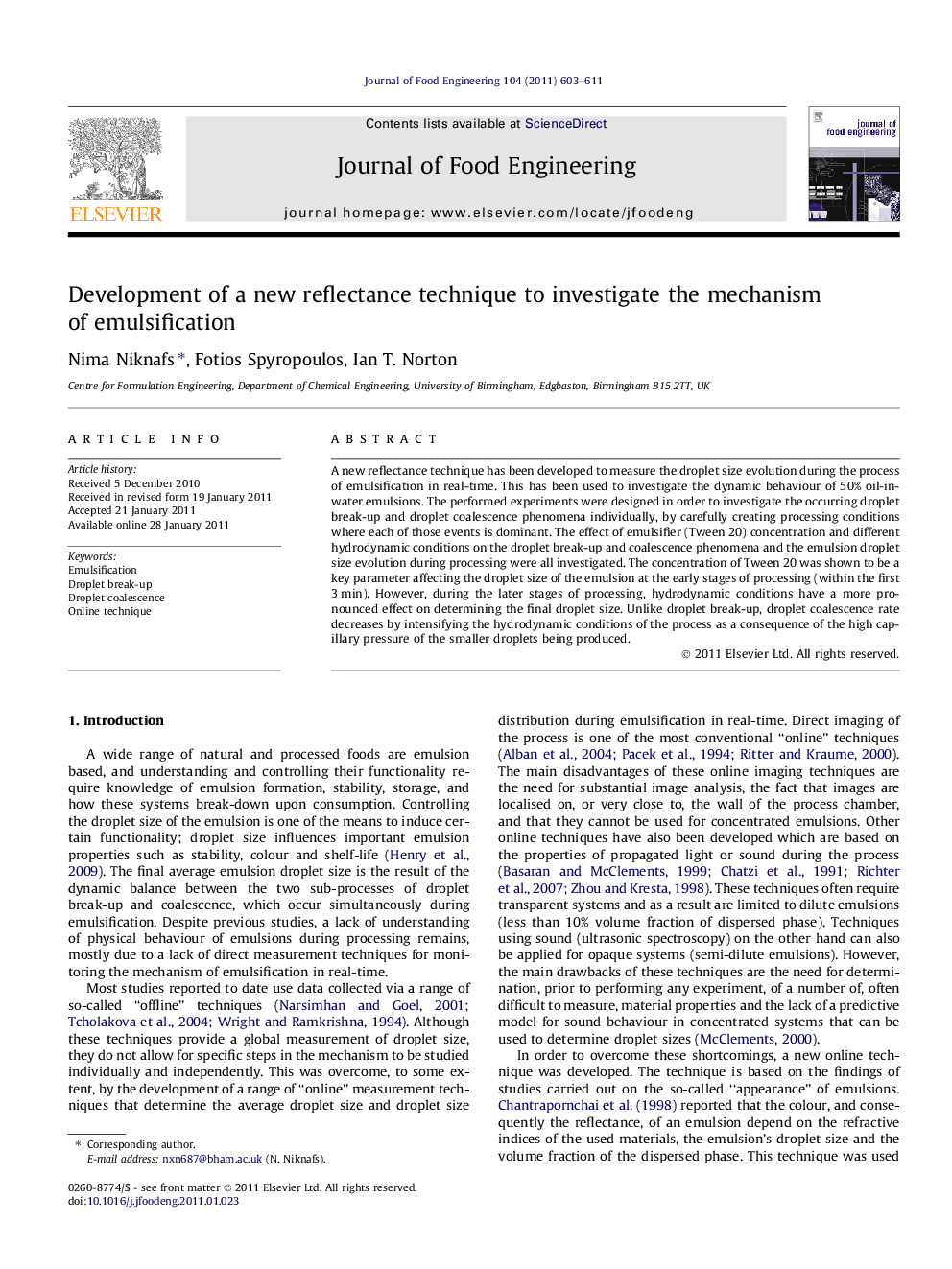 Development of a new reflectance technique to investigate the mechanism of emulsification