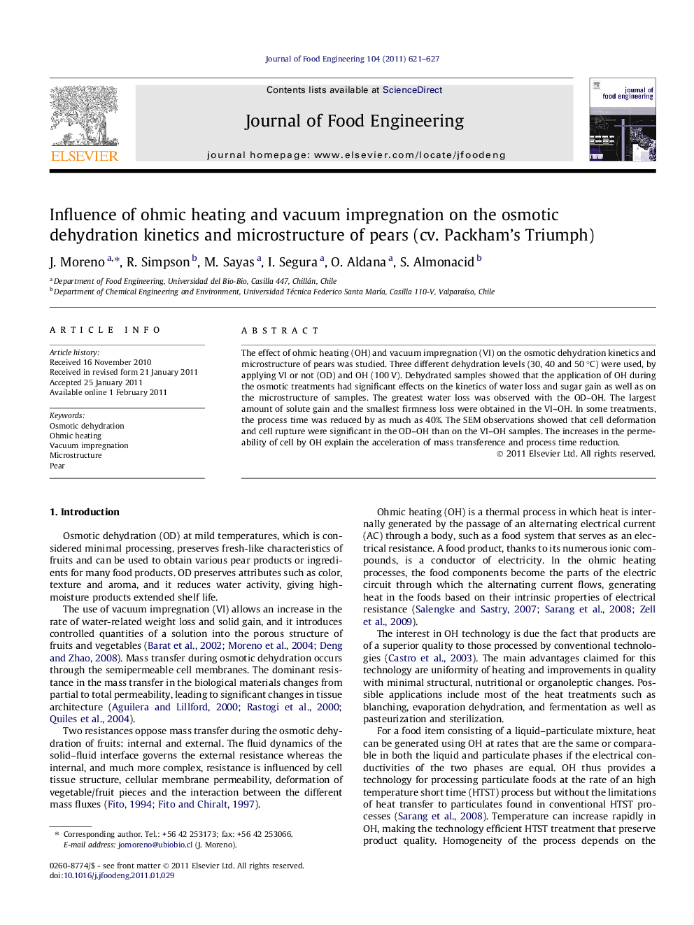 Influence of ohmic heating and vacuum impregnation on the osmotic dehydration kinetics and microstructure of pears (cv. Packham’s Triumph)