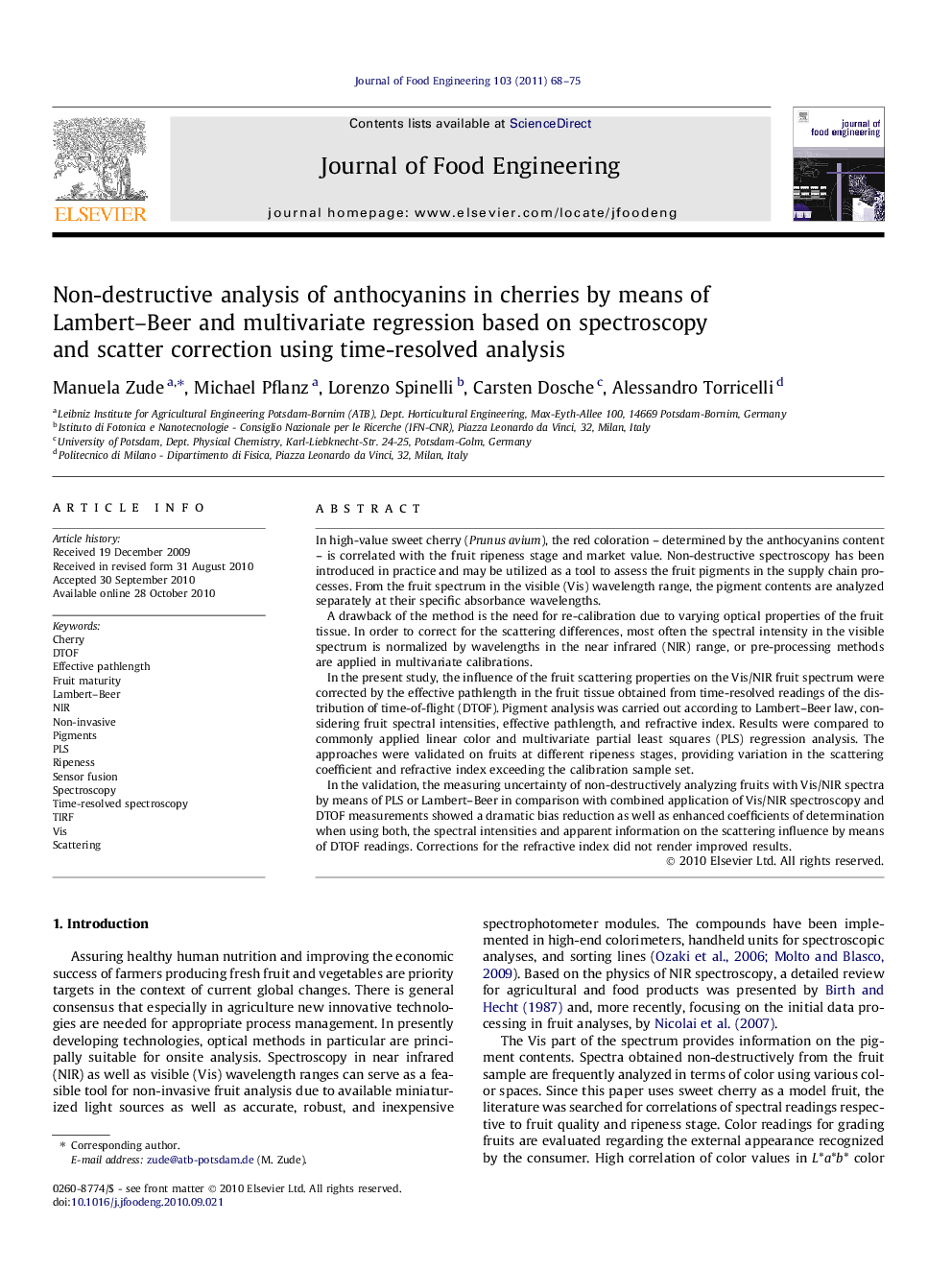 Non-destructive analysis of anthocyanins in cherries by means of Lambert–Beer and multivariate regression based on spectroscopy and scatter correction using time-resolved analysis