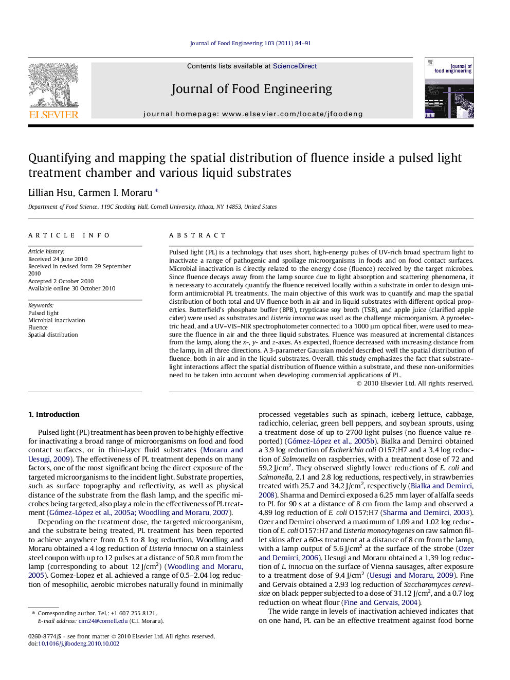 Quantifying and mapping the spatial distribution of fluence inside a pulsed light treatment chamber and various liquid substrates