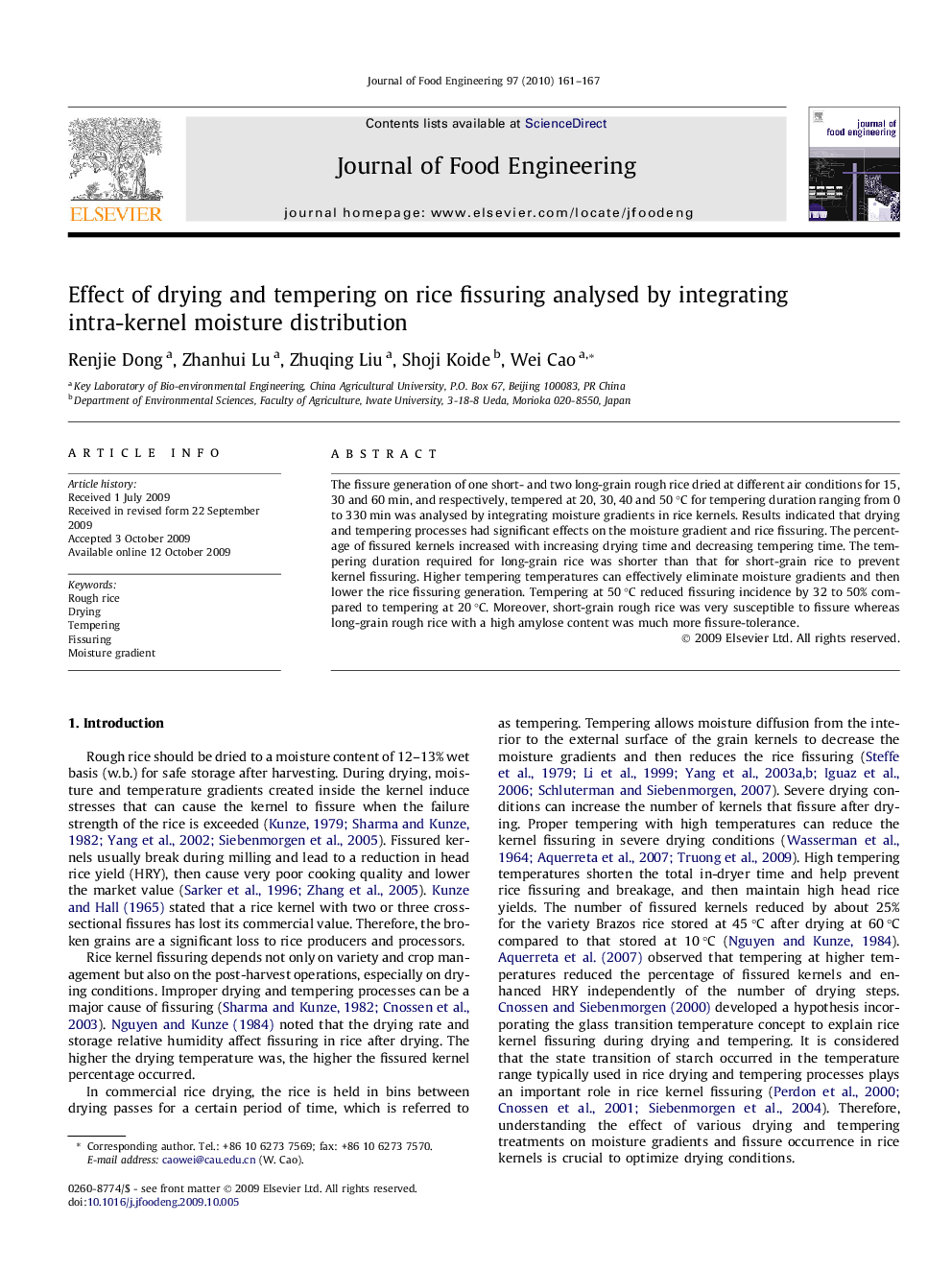 Effect of drying and tempering on rice fissuring analysed by integrating intra-kernel moisture distribution