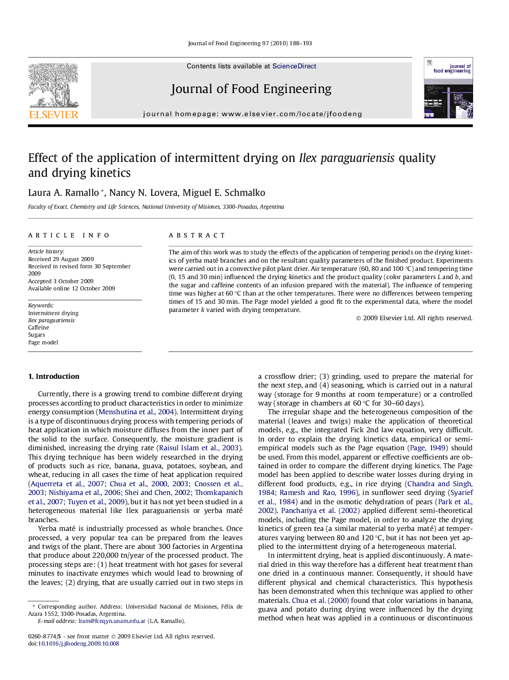 Effect of the application of intermittent drying on Ilex paraguariensis quality and drying kinetics