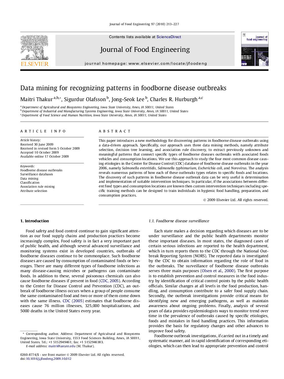 Data mining for recognizing patterns in foodborne disease outbreaks