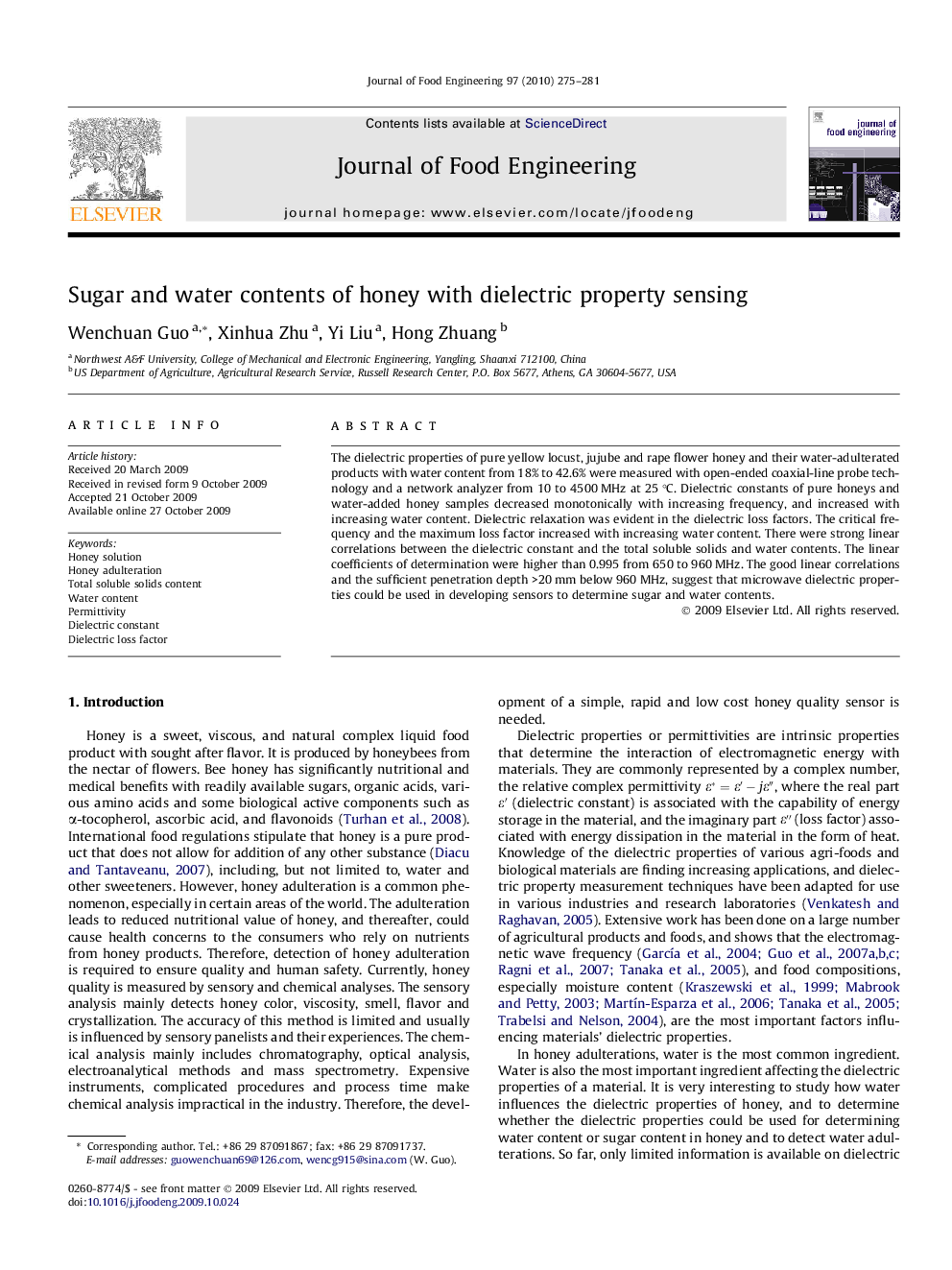 Sugar and water contents of honey with dielectric property sensing