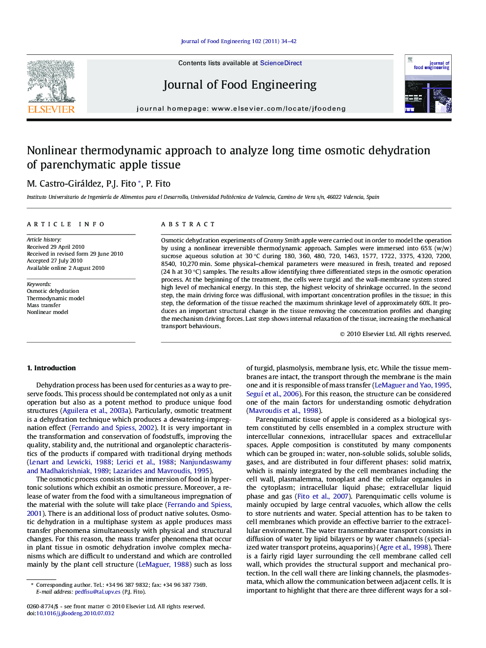 Nonlinear thermodynamic approach to analyze long time osmotic dehydration of parenchymatic apple tissue