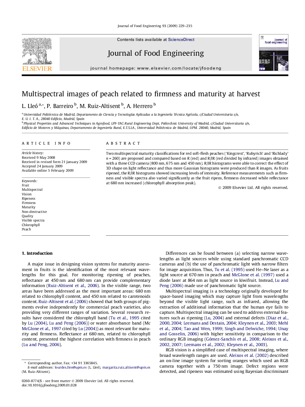 Multispectral images of peach related to firmness and maturity at harvest