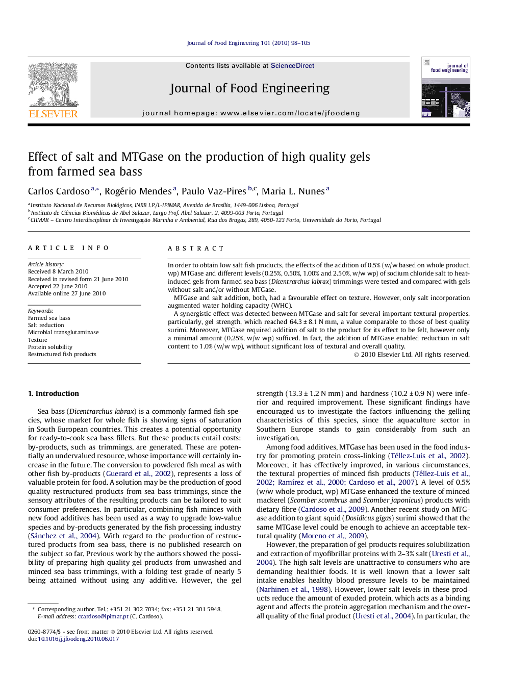 Effect of salt and MTGase on the production of high quality gels from farmed sea bass