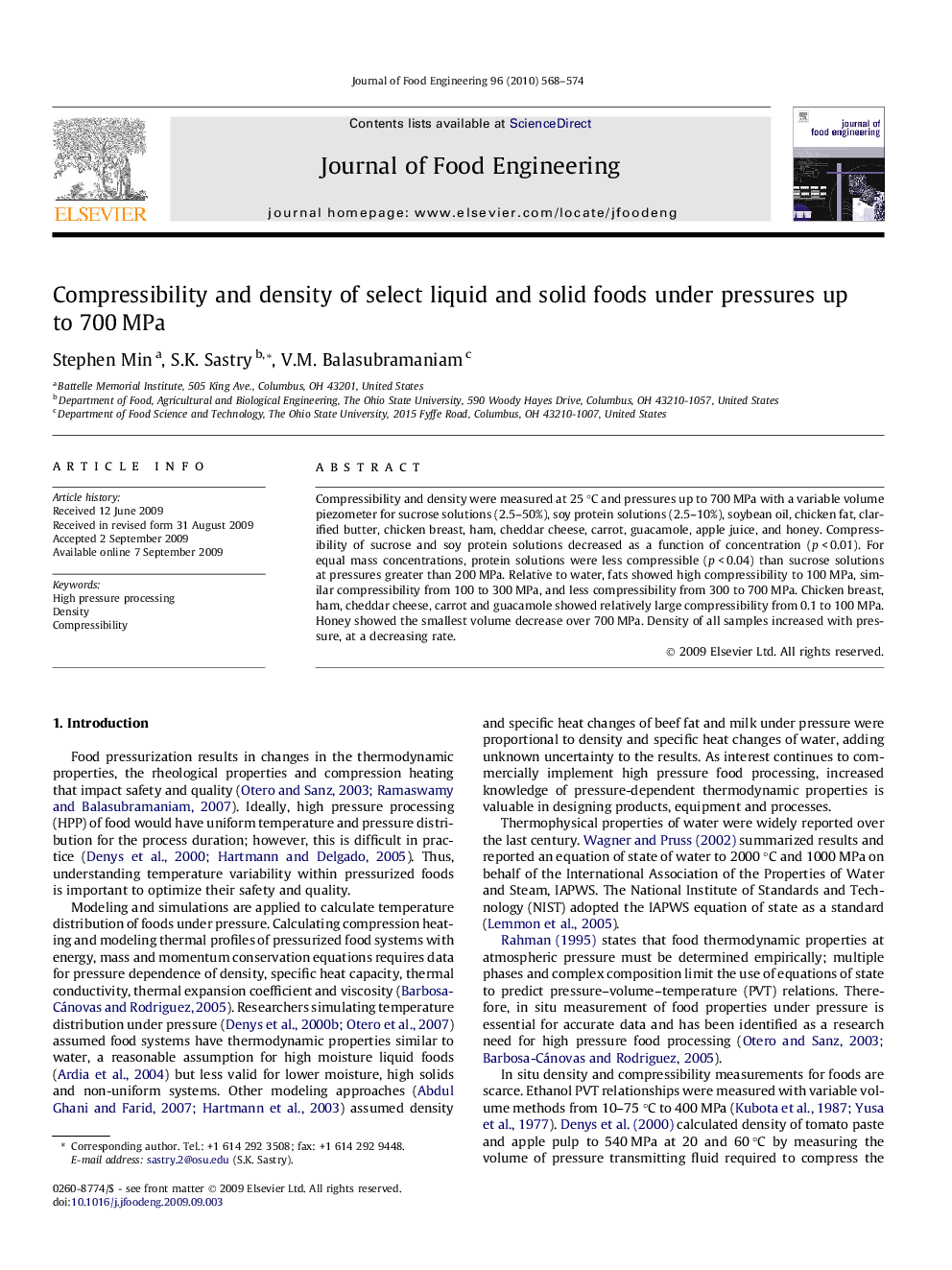 Compressibility and density of select liquid and solid foods under pressures up to 700 MPa