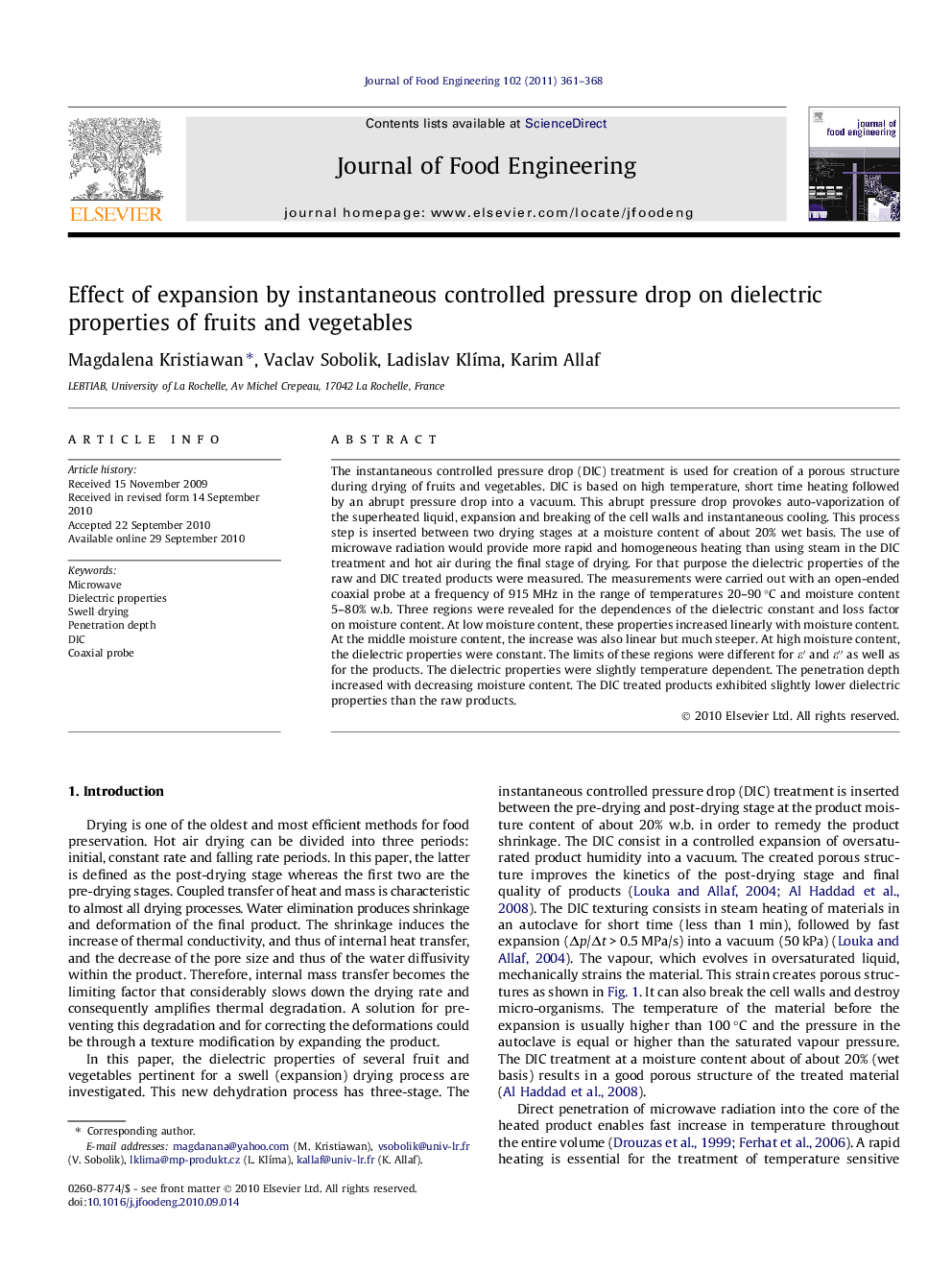 Effect of expansion by instantaneous controlled pressure drop on dielectric properties of fruits and vegetables