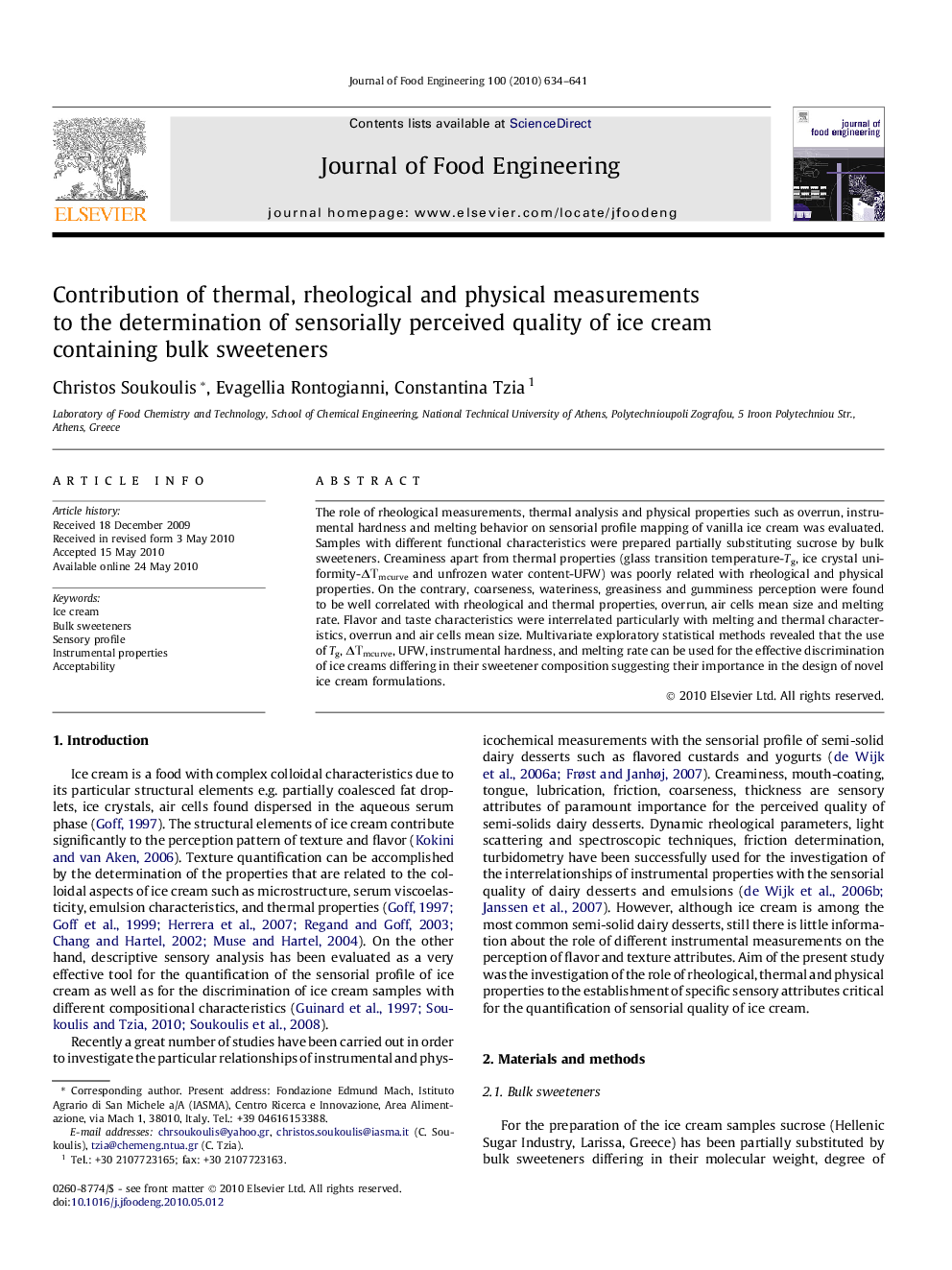 Contribution of thermal, rheological and physical measurements to the determination of sensorially perceived quality of ice cream containing bulk sweeteners