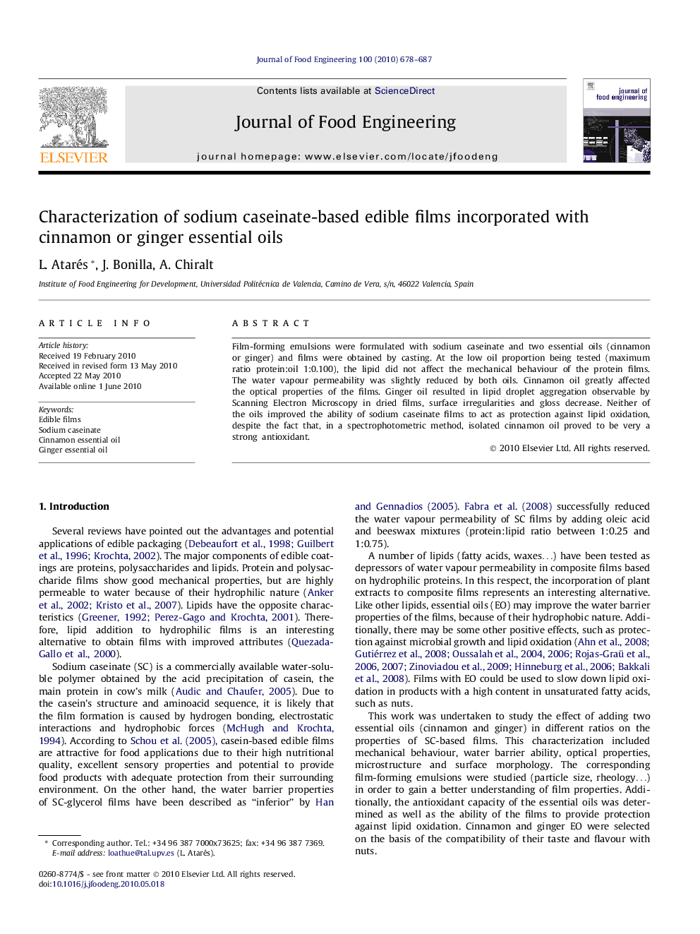 Characterization of sodium caseinate-based edible films incorporated with cinnamon or ginger essential oils