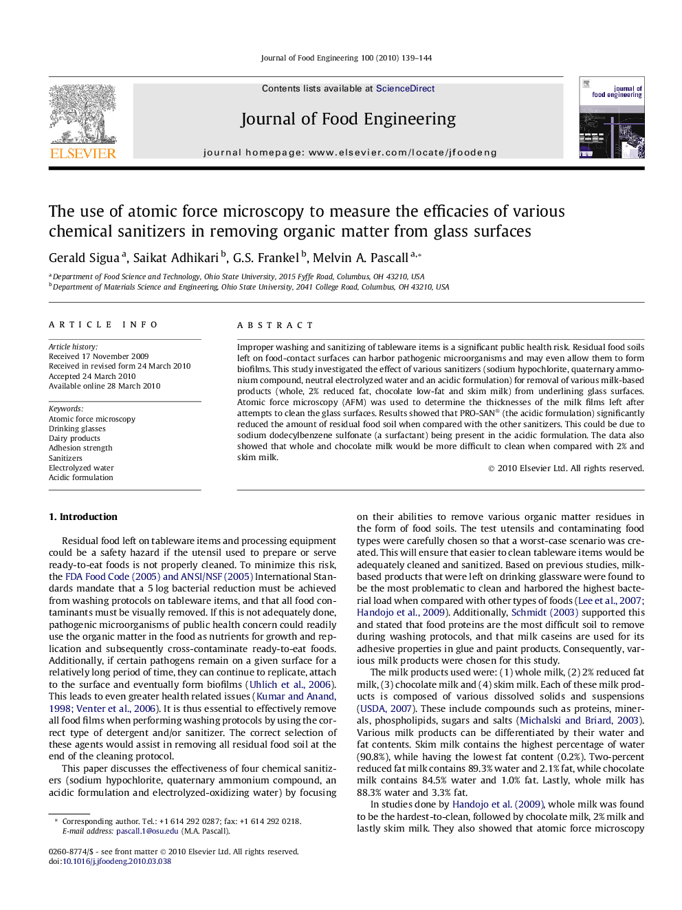 The use of atomic force microscopy to measure the efficacies of various chemical sanitizers in removing organic matter from glass surfaces