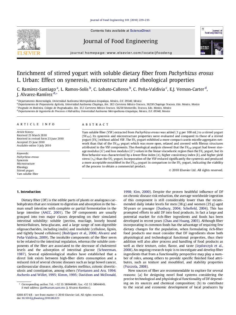 Enrichment of stirred yogurt with soluble dietary fiber from Pachyrhizus erosus L. Urban: Effect on syneresis, microstructure and rheological properties