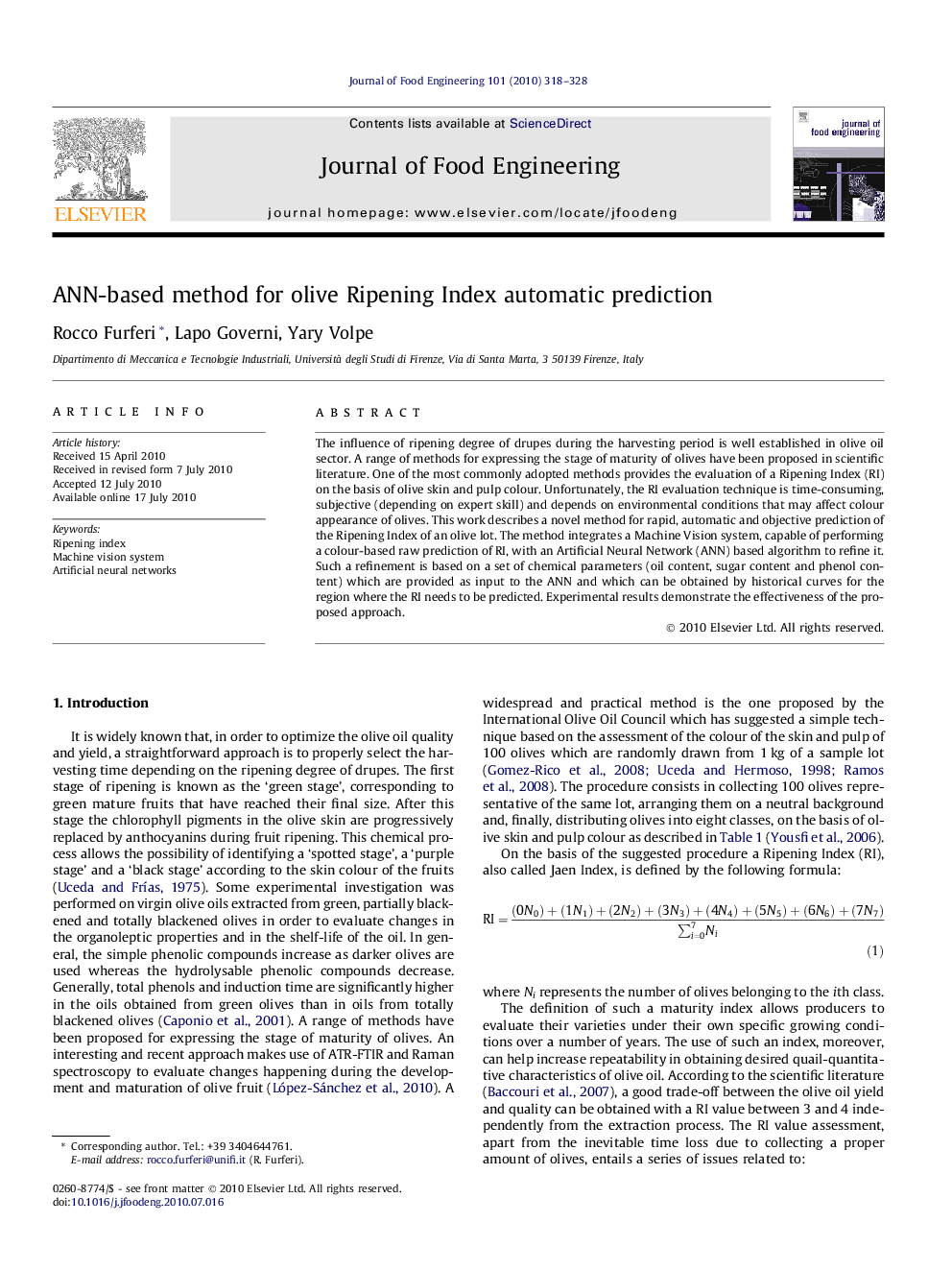 ANN-based method for olive Ripening Index automatic prediction