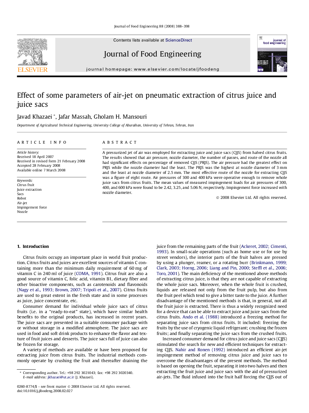 Effect of some parameters of air-jet on pneumatic extraction of citrus juice and juice sacs