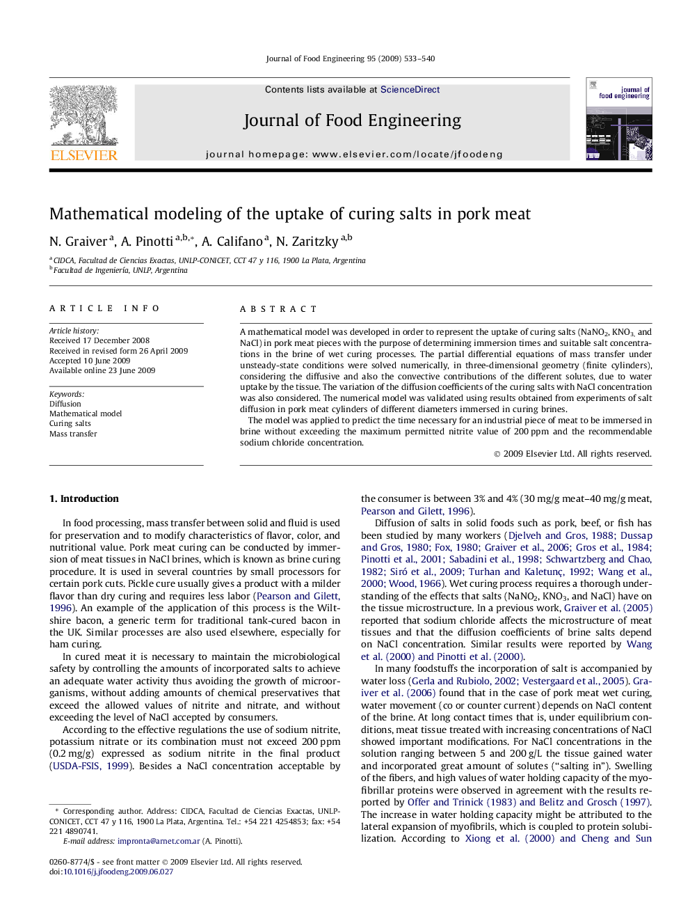 Mathematical modeling of the uptake of curing salts in pork meat