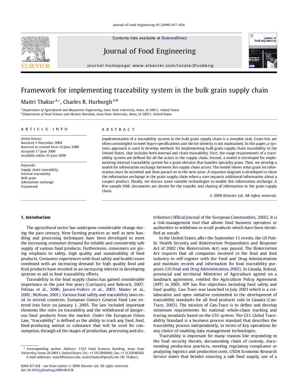 Framework for implementing traceability system in the bulk grain supply chain