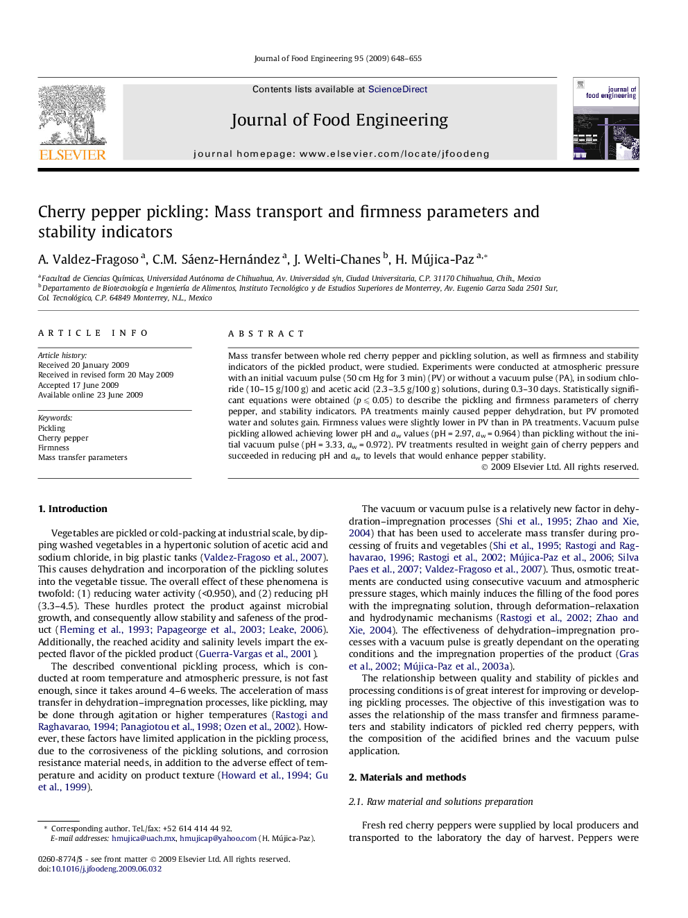 Cherry pepper pickling: Mass transport and firmness parameters and stability indicators