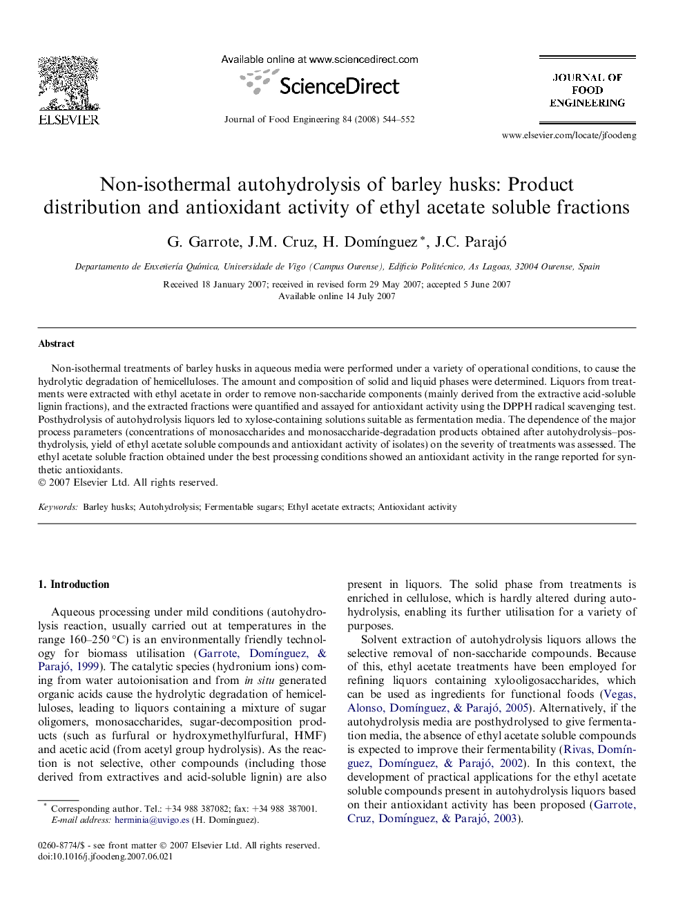 Non-isothermal autohydrolysis of barley husks: Product distribution and antioxidant activity of ethyl acetate soluble fractions