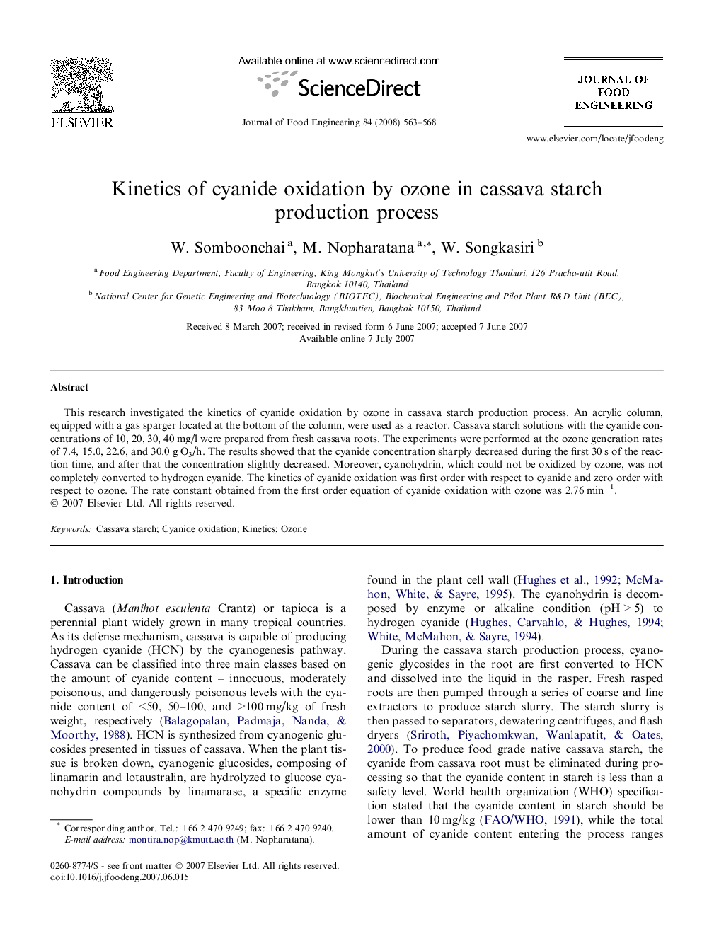 Kinetics of cyanide oxidation by ozone in cassava starch production process